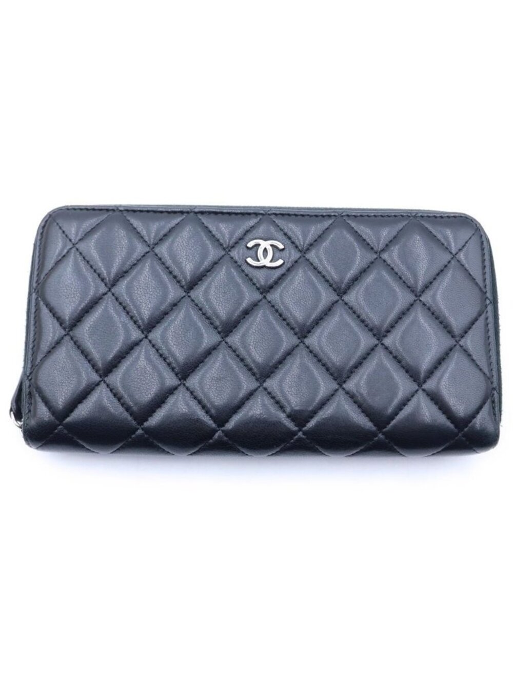 Chanel Quilted Classic Long Zip Wallet Black Lambskin Silver